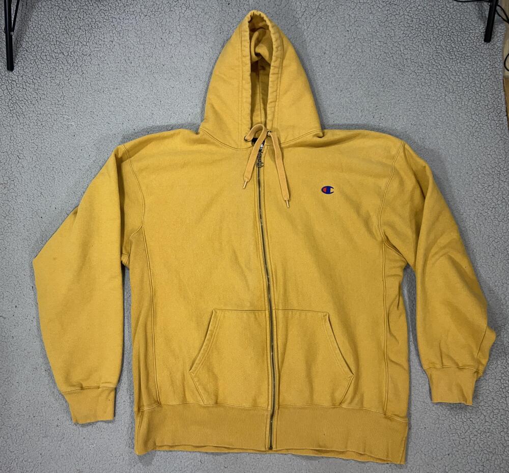 Champion Hoodie Mens 3XL Yellow Full Zip Fleece Sweatshirt Kangaroo Pocket Y2K